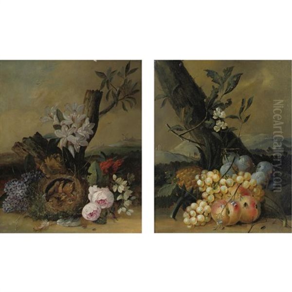 Still Life With Fruit (+ Still Life With Flowers And A Bird's Nest; Pair) Oil Painting by Louis Vidal