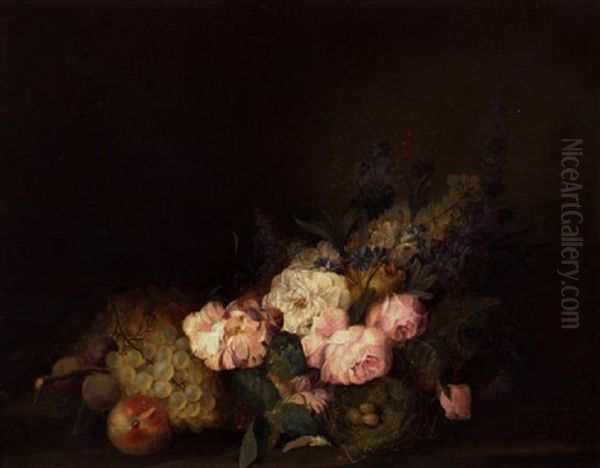 Opstilling Med Blomster, Frugter Og Fuglerede Med Aeg Oil Painting by Louis Vidal