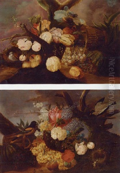 An Upturned Basket With Roses, Tulips, Grapes And A Bird's Nest On A Bank Oil Painting by Louis Vidal