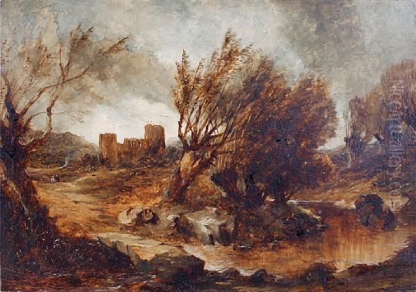 Ruins In A River Landscape Oil Painting by Frederick Lee Bridell