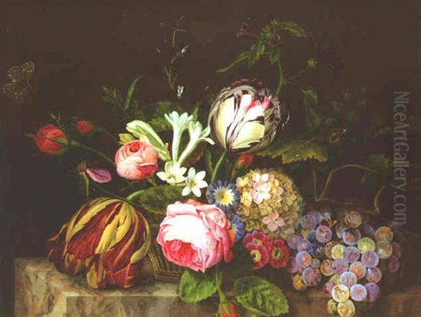 Nature Morte A La Coupe De Fleurs Et Grappe De Raisins Sur Un Entablement De Marbre Oil Painting by Louis Vidal