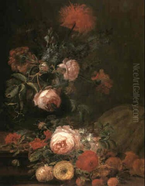 A Still Life Of A Melon, Peaches, Strawberries And Assorted Flowers Upon A Stone Step On Which Stands A Glass Vase Of Oil Painting by Louis Vidal