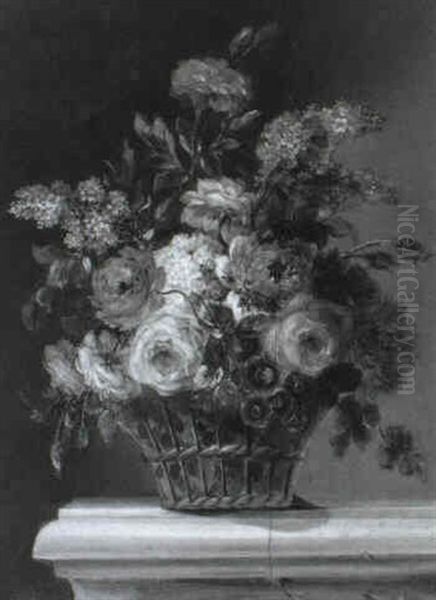 Bouquet De Fleurs Dans Une Corbeille, Sur Un Entablement Oil Painting by Louis Vidal