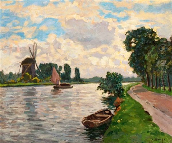 View Of A Canal By Sunset Oil Painting by Bernardus Petrus (Ben) Viegers