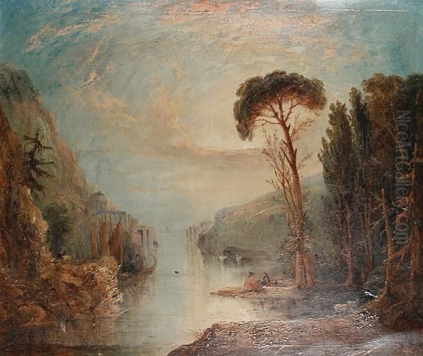 A River Landscape At Sunset With Figures In The Foreground Oil Painting by Frederick Lee Bridell