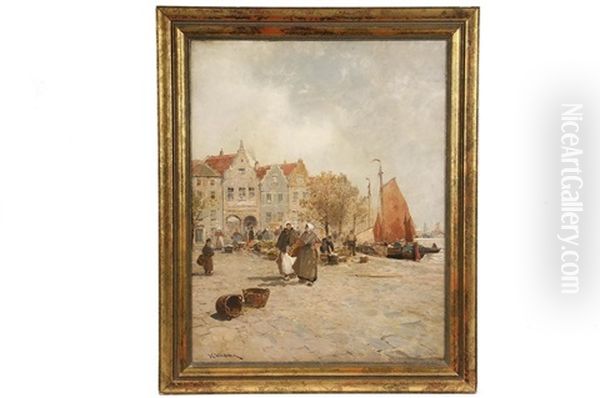 Old Amsterdam Harbor Oil Painting by Karl Ludwig Friedrich Viehbeck