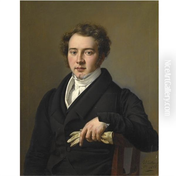 Portrait Of A Young Man, Half Length, Wearing Black Jacket And Holding A Pair Of Gloves Oil Painting by Josef Bartholomeus Vieillevoye