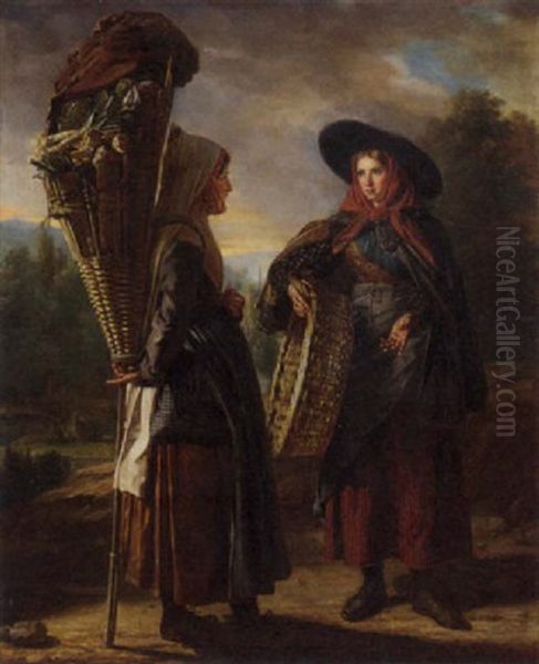 Two Girls In Loval Costume Oil Painting by Josef Bartholomeus Vieillevoye