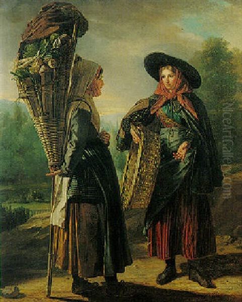 Two Girls In Local Costume Oil Painting by Josef Bartholomeus Vieillevoye