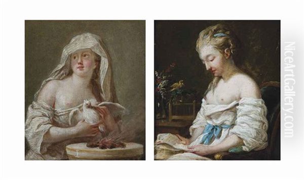 A Vestal Virgin Holding A Dove And A Lady Seated At A Table Reading A Letter (a Pair) Oil Painting by Joseph Marie Vien