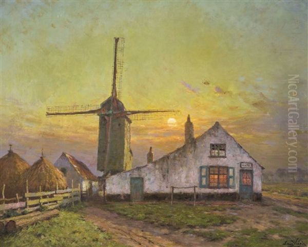 Landscape With Mill (mill At Snaaskerke) (ca. 1924) Oil Painting by Emmanuel Vierin