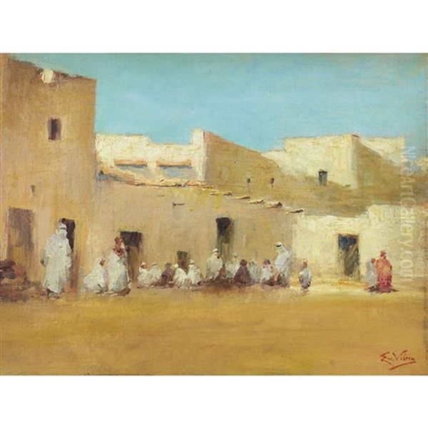 Morocco (gathering In A Courtyard) Oil Painting by Emmanuel Vierin