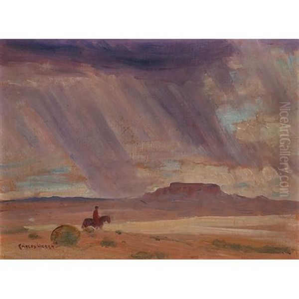 A Rider In The Desert With A Storm In The Distance Oil Painting by Carlos Vierra