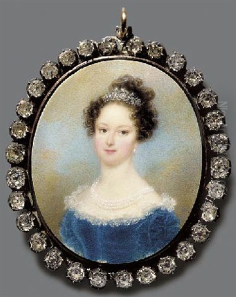 A Young Lady In Lace-bordered Blue Velvet Dress, Triple Strand Pearl Necklace, Flowers In Her Upswept Dark Curling Hair Oil Painting by Friedrich Ludwig von Golssenau Vieth