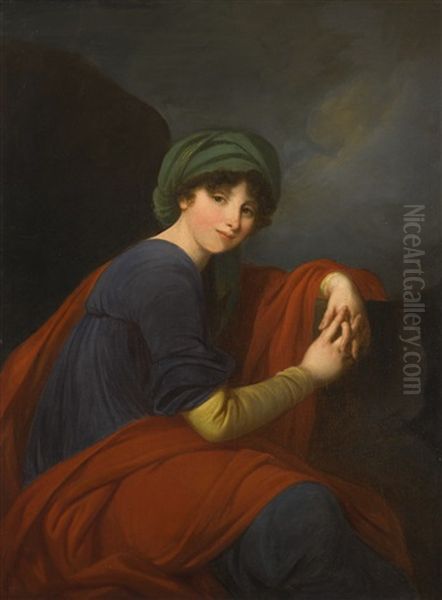 Portrait Of A Lady, Three-quarter Length, Wearing A Green Turban And A Blue Dress Beneath A Red Mantle Oil Painting by Elisabeth Louise Vigee Le Brun