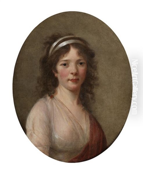 Portrait Of A Lady, Said To Be Madame Van Robais, Bust-length, In A White Dress And Red Shawl Oil Painting by Elisabeth Louise Vigee Le Brun