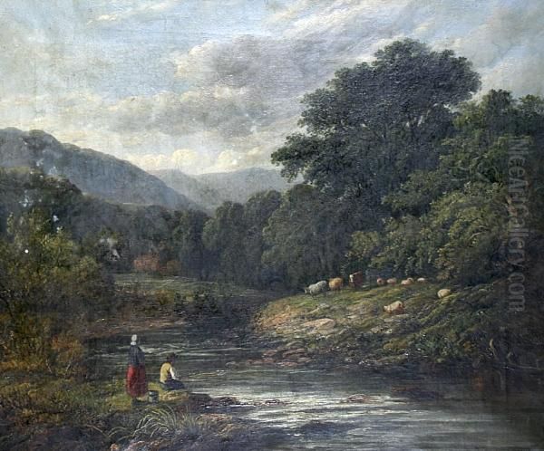 A River Landscape With Figures Fishing On The River Bank And Sheep And Cattle Grazing Oil Painting by Robert Bridgehouse