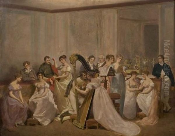 Une Soiree A La Malmaison, L'imperatrice Josephine Et L'empereur Alexandre Autour D'une Harpe Oil Painting by Jean Louis Victor Viger du Vigneau