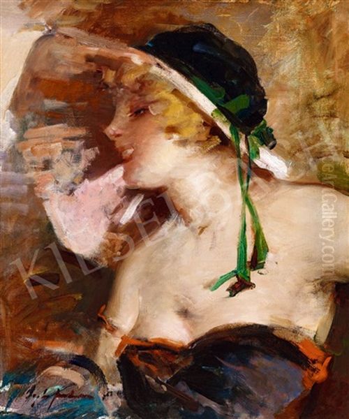 Blonde Girl In A Hat Oil Painting by Bertalan (Bartholomaus) Vigh