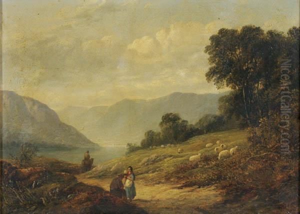 Highland Loch With Figures And Sheep Oil Painting by Robert Bridgehouse