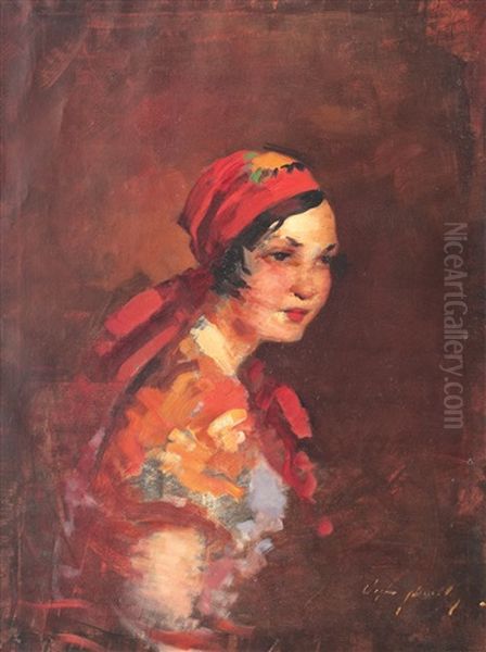 Red Bandana Oil Painting by Bertalan (Bartholomaus) Vigh