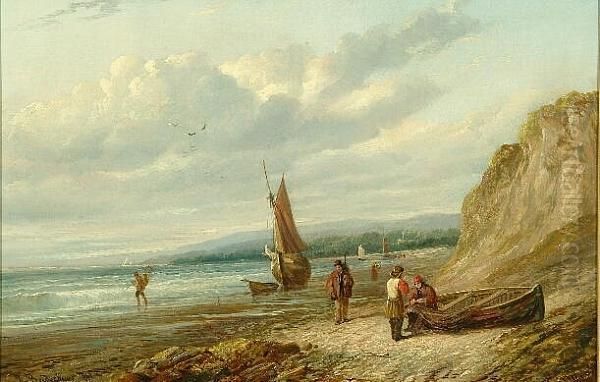 Fisherfolk And Vessels Ashore Oil Painting by Robert Bridgehouse