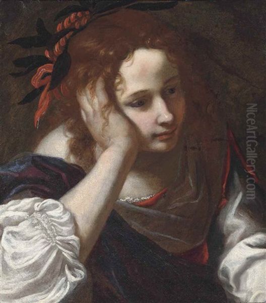 A Young Girl In A Red Dress With A Purple Cloak, Her Head Resting On Her Hand Oil Painting by Jacopo Vignali