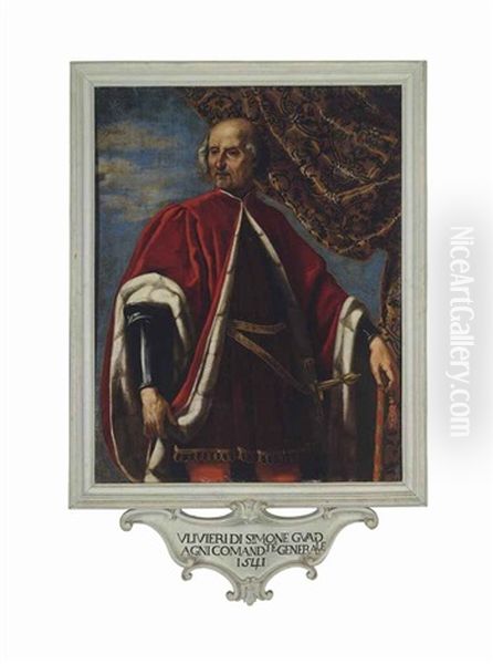 Potrait Of Ulivieri Di Simone Guadagni (1452-1541), Three-quarter-length, In Armour And An Ermine-lined Red Cloak, Before A Draped Curtain Oil Painting by Jacopo Vignali