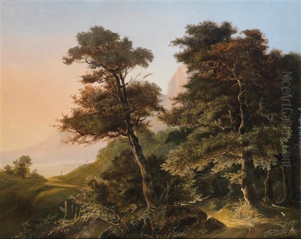 Large Romantic Landscape Oil Painting by Edouard De Vigne