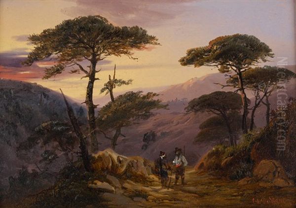 Bergers Conversant Au Coucher Du Soleil Dans Un Paysage Italianisant Oil Painting by Edouard De Vigne