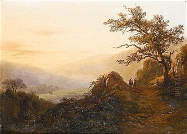 Drover With His Cattle On A Path In A Valley (+ Traveller With A Mule; 2 Works) Oil Painting by Edouard De Vigne