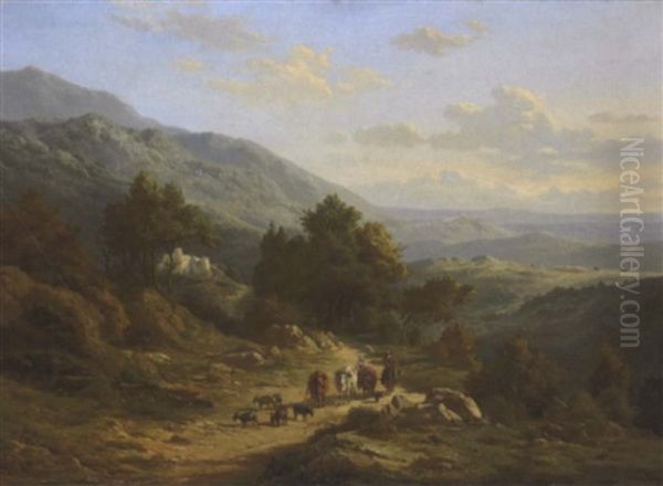 Marchands Avec Leurs Troupeaux Dans Un Paysage Montagneux Oil Painting by Edouard De Vigne