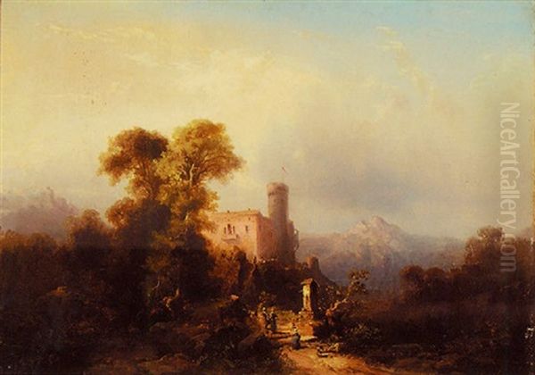 Mountainous Landscape With Castle And A Country Well Oil Painting by Edouard De Vigne