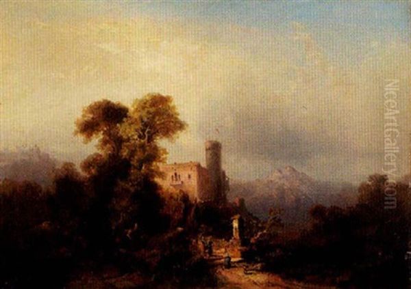 Mountainous Landscape With Castle And A Country Well Oil Painting by Edouard De Vigne