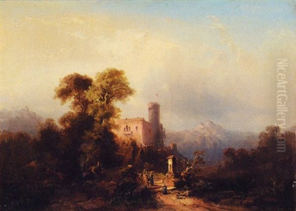 Mountainous Landscape With Castle And A Country Well Oil Painting by Edouard De Vigne