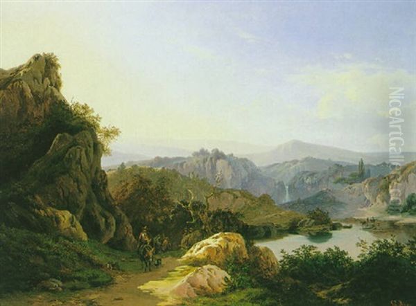 Suditalienische Gebirgslandschaft Mit Wanderern Oil Painting by Edouard De Vigne