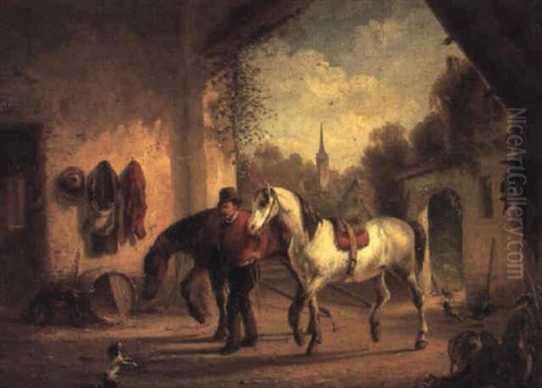 Scene D'ecurie Oil Painting by Edouard De Vigne