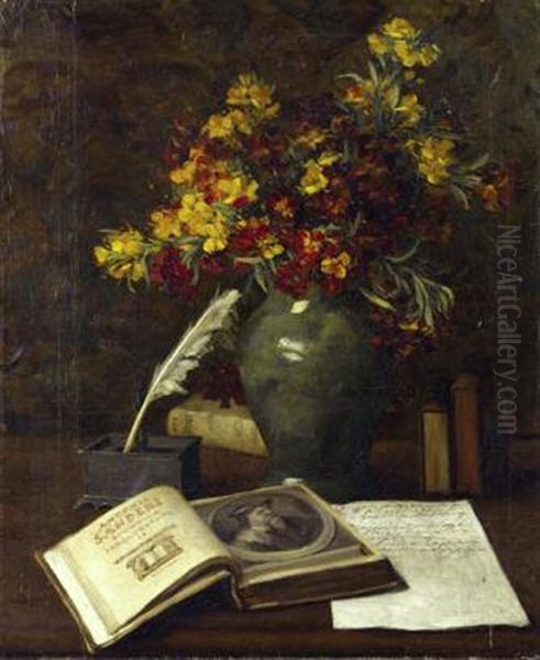 Fleurs Dans Un Vase Sur Un Bureau Et Livre Ouvert Oil Painting by Emma de Vigne