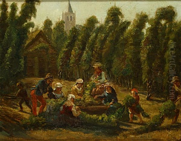 La Cueillette Du Houblon Au Pays D'alost Oil Painting by Felix De Vigne