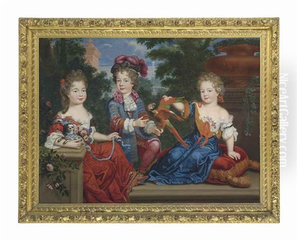 Group Portrait, Traditionally Identified As Three Children Of Francoise-athenais, Marquise De Montespan (1640-1707): A Young Boy In A Blue Velvet Coat With Gold Frogging, A Lace Jabot And Plumed Hat, With A Parrot, A Young Girl In A Red Silk Dress With La Oil Painting by Philippe Vignon