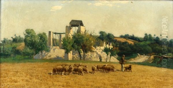 A Shepherd With His Flock In A Summer Landscape Oil Painting by Victor Alfred Paul Vignon