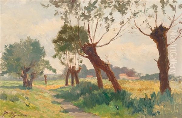 Pollarded Trees In A Summer Landscape Oil Painting by Victor Alfred Paul Vignon