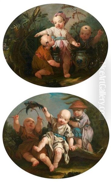 Scenes De Chinoiseries, Enfants Jouant Avec Des Perroquets Et Enfants Jouant Dans Un Jardin (pair) by Jacques Vigoureux-Duplessis