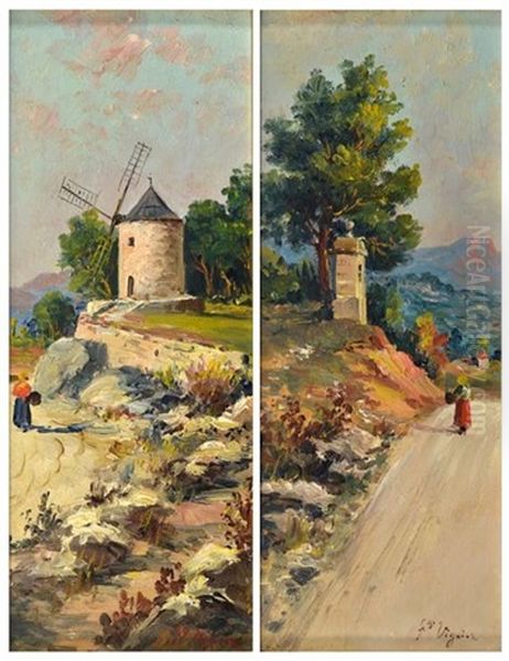 Paysage Provencal Anime (+ Paysage Anime Au Moulin; 2 Works) Oil Painting by Fortune Viguier