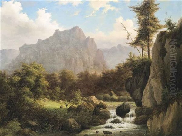 A Wooded River Landscape With Mountains Beyond Oil Painting by Willem Simon Petrus van der Vijver