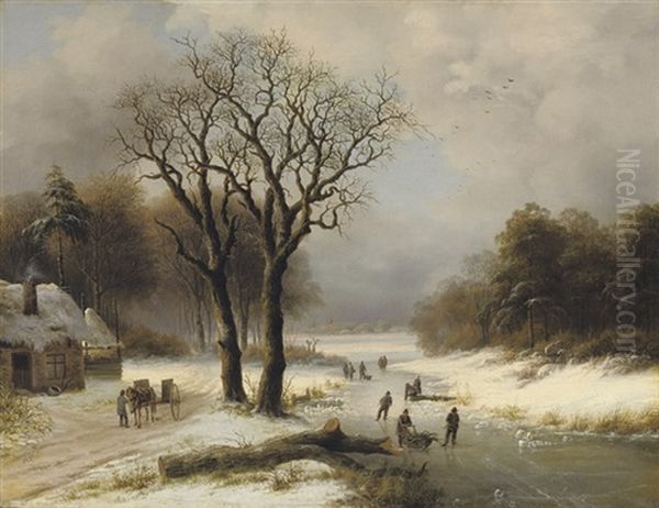 Daily Activities On The Ice Oil Painting by Willem Simon Petrus van der Vijver