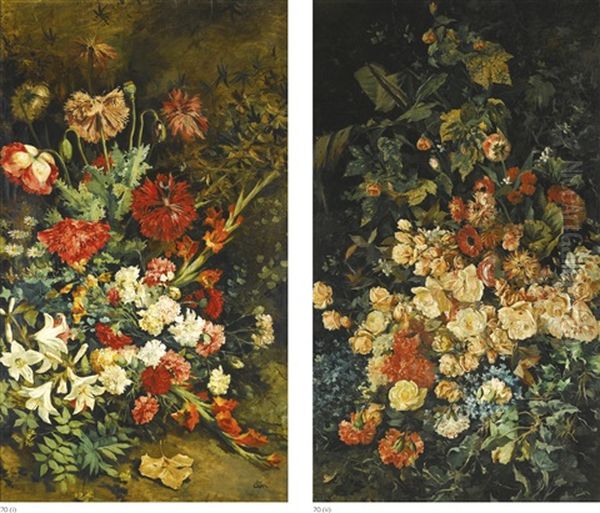 Two Flower Still Lifes: A Pair Oil Painting by Julio Vila y Prades