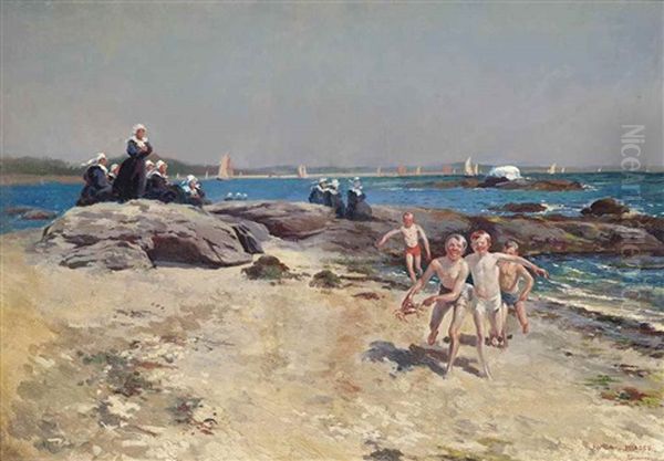 Children On The Beach At Concarneau, Brittany Oil Painting by Julio Vila y Prades