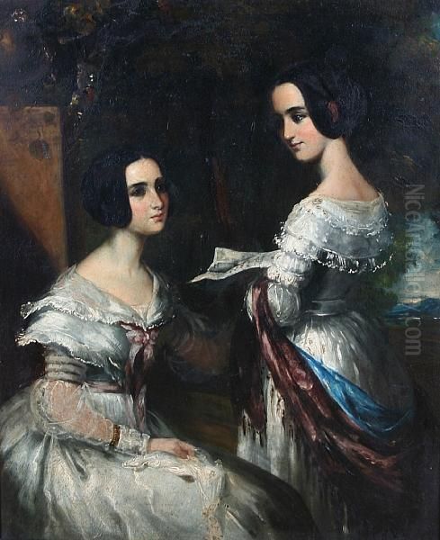 A Portrait Of Two Young Ladies Oil Painting by John Bridges