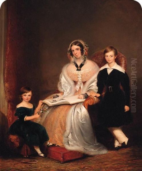 Group Portrait Of A Lady With Her Two Children Oil Painting by John Bridges